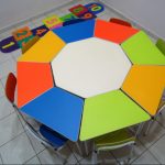 Uma sala da escola com uma mesa infantil circular colorida.